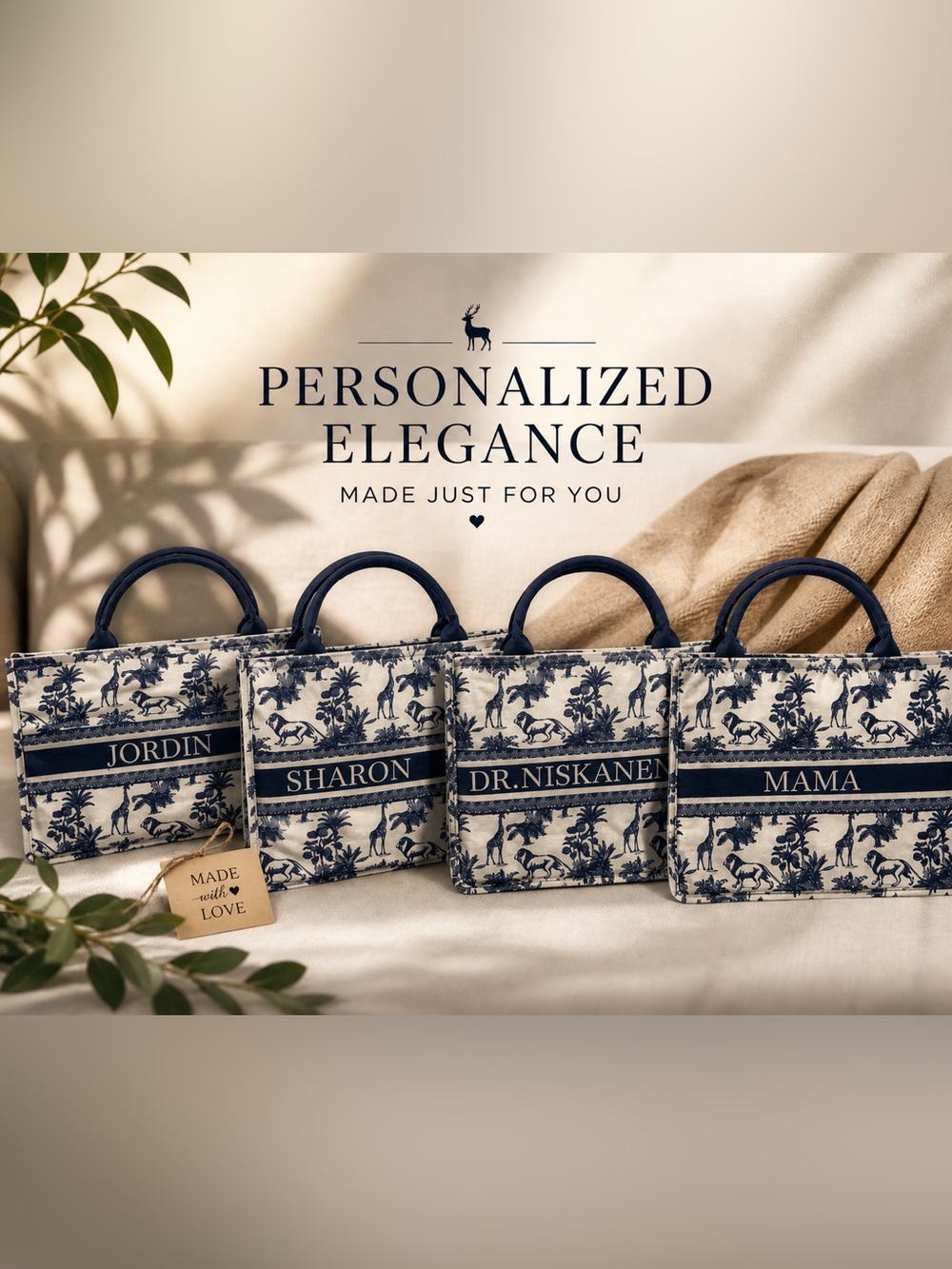 Personalized Navy & Cream Tote Bag - Monogram Option
